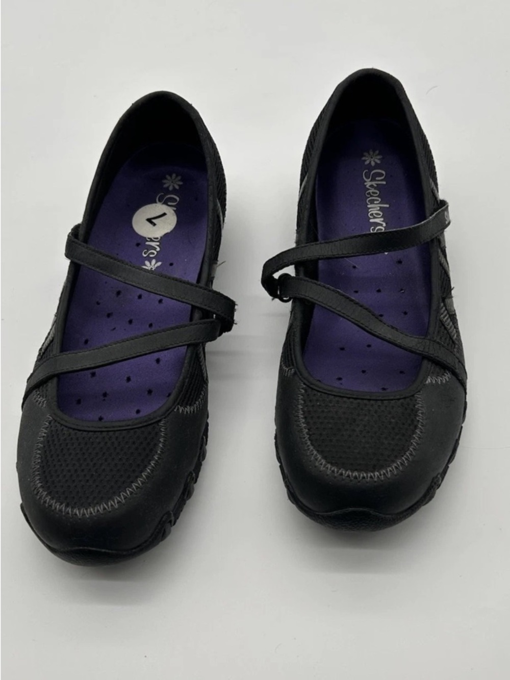 Skechers Black Mary Jane Flats with Purple Insole Accents